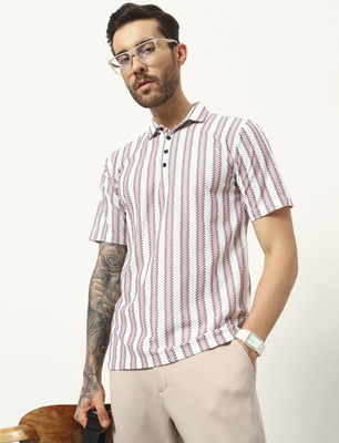 WOXEN Striped Men Polo Neck Pink, White T-Shirt