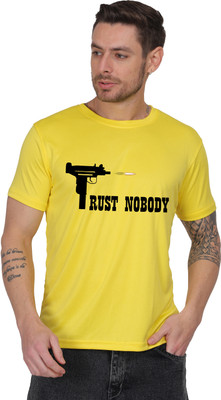 Saras Self Design Men Round Neck Reversible Yellow T-Shirt