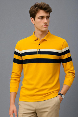 Autna Striped Men Polo Neck Yellow T-Shirt