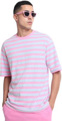 BEWAKOOF Striped Men Round Neck Pink T-Shirt