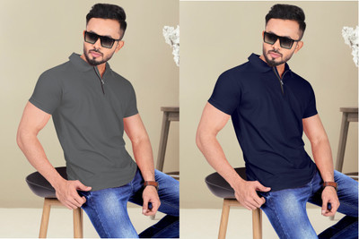 INDICLUB Solid Men Polo Neck Grey, Navy Blue T-Shirt