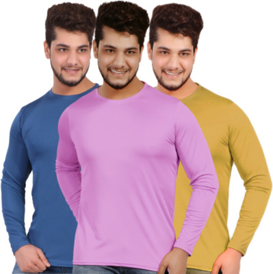 KASPY Solid Men Round Neck Dark Blue, Pink, Yellow T-Shirt