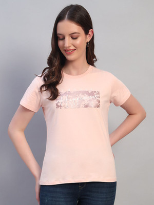 CANTABIL Printed Women Round Neck Pink T-Shirt