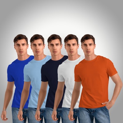 CONTENO Solid Men Round Neck Blue, Light Blue, Navy Blue, White, Orange T-Shirt