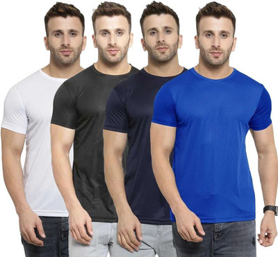 TQH Solid Men Round Neck Dark Blue, White, Blue, Black T-Shirt