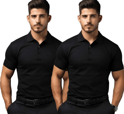 JEDFER Solid Men Polo Neck Black T-Shirt