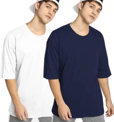 UNICONIC Solid Men Round Neck White, Navy Blue T-Shirt