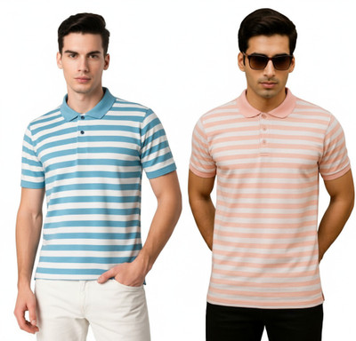 cnw Striped Men Polo Neck Multicolor T-Shirt