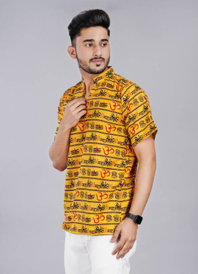 ASHRU Printed Men Mandarin Collar Yellow T-Shirt