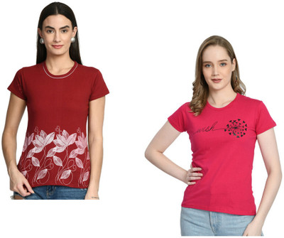 IndiWeaves Printed Women Round Neck Multicolor T-Shirt