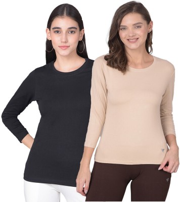 Comfort Lady Solid Women Round Neck Black, Beige T-Shirt