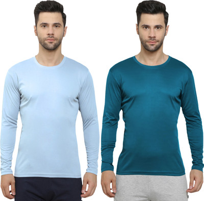 HouseOfCommon Solid Men Round Neck Light Blue, Dark Green T-Shirt