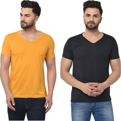 Tresna Trending Solid Men V Neck Black, Yellow T-Shirt