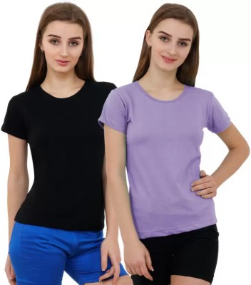 Bi Fashion Solid Women Round Neck Black, Pink T-Shirt