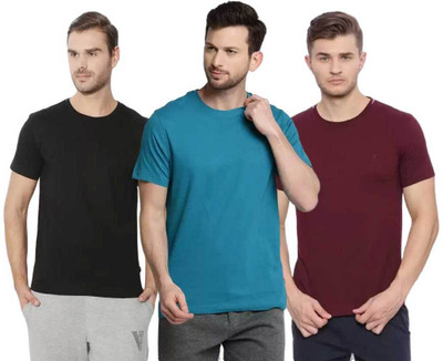 VAN HEUSEN Solid Men Round Neck Black, Maroon, Dark Blue T-Shirt
