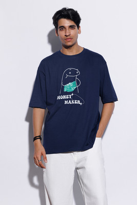MANIAC Printed Men Round Neck Dark Blue T-Shirt