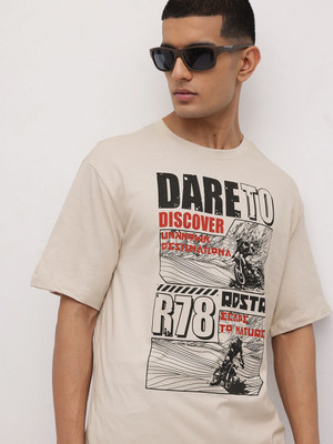 Roadster Printed Men Round Neck Beige T-Shirt