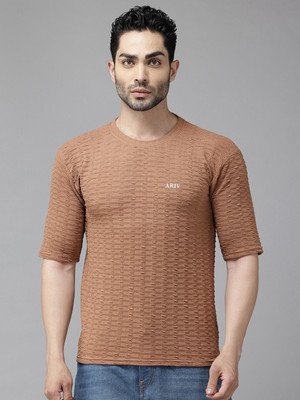 Ticoss Self Design Men Round Neck Brown T-Shirt