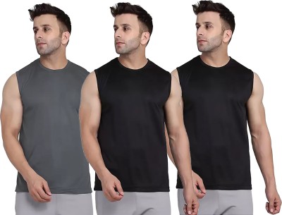 Think Tech Solid Men Round Neck Grey, Black T-Shirt