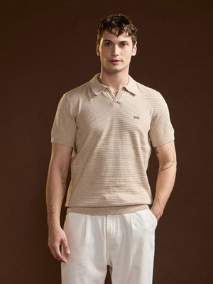 THE BEAR HOUSE Self Design Men Polo Neck Beige T-Shirt