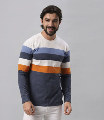 BE POSITIVE Striped Men Round Neck Blue T-Shirt