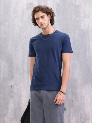 WROGN Solid Men Crew Neck Navy Blue T-Shirt