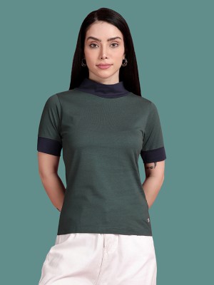 TWIN BIRDS Colorblock Women High Neck Green T-Shirt