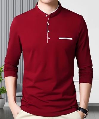 AUSK Solid Men Mandarin Collar Red T-Shirt