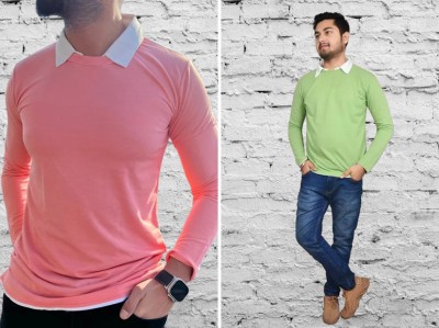 custamwear Printed Men Round Neck Pink, Green T-Shirt