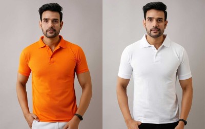 Silver Swan Solid Men Polo Neck Orange, White T-Shirt