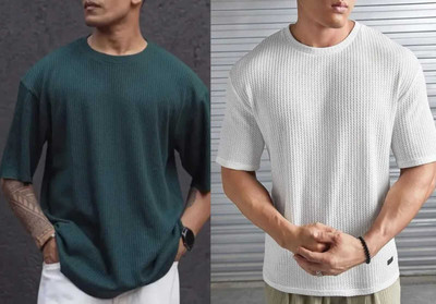 BOOM BAAM Self Design Men Round Neck White, Dark Green T-Shirt