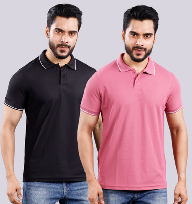 SUPERSQUAD Solid Men Polo Neck Pink, Black T-Shirt