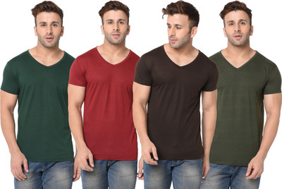 JB Jagoboy Solid Men V Neck Dark Green, Brown, Maroon T-Shirt
