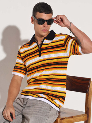SHOWOFFFF Self Design Men Polo Neck Yellow T-Shirt