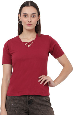 Bi Fashion Solid Women V Neck Maroon T-Shirt