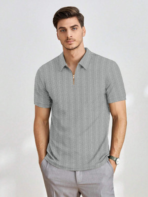 COMBRAIDED Self Design Men Zip Neck Grey T-Shirt