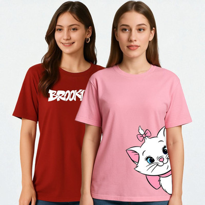 Elvia Printed Women Round Neck Pink, Maroon T-Shirt