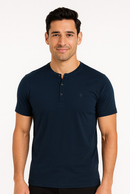 CELSIUS Solid Men Henley Neck Navy Blue T-Shirt