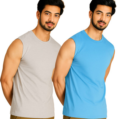 Adorbs Solid Men Round Neck Grey, Blue T-Shirt