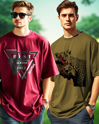 AOOSH Printed Men Round Neck Green, Maroon T-Shirt