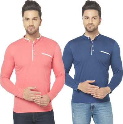 JB Jagoboy Solid Men Mandarin Collar Dark Blue, Red T-Shirt