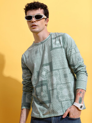 HIGHLANDER Printed Men Round Neck Light Green, White T-Shirt