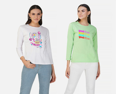 LeeBurg Printed Women Round Neck White, Light Green T-Shirt