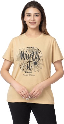 HILFIRE REGION Typography Women Round Neck Beige T-Shirt