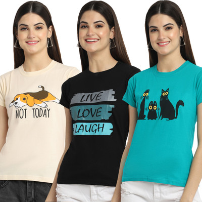 Fabflee Printed Women Round Neck Multicolor T-Shirt