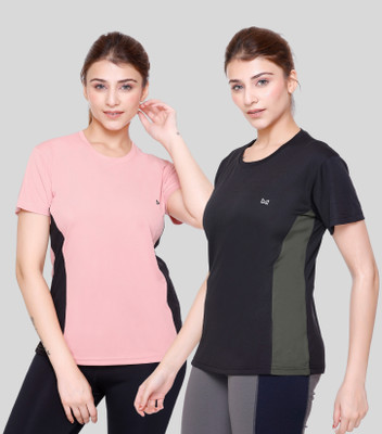 White Moon Colorblock Women Round Neck Black, Pink, Green T-Shirt