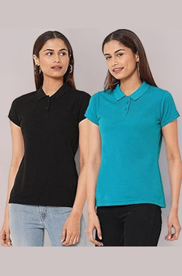 maketin Solid Women Polo Neck Black, Blue T-Shirt