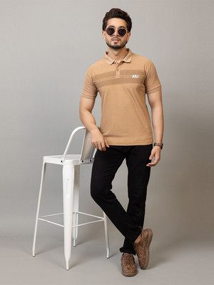 RosyRains Printed, Graphic Print Men Polo Neck Beige T-Shirt
