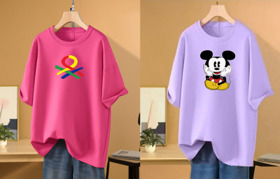 RAPTUROUS Printed Women Round Neck Pink, Purple T-Shirt