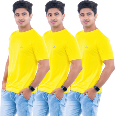 Fashion Territory Solid Men Round Neck Yellow T-Shirt